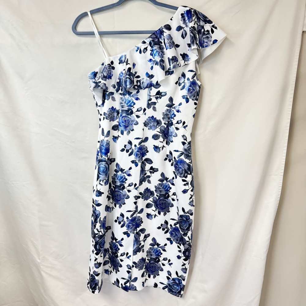 Willow Glen Blue Floral Shimmering  one shoulder‎ flare dress 12 Formal NEW PROM